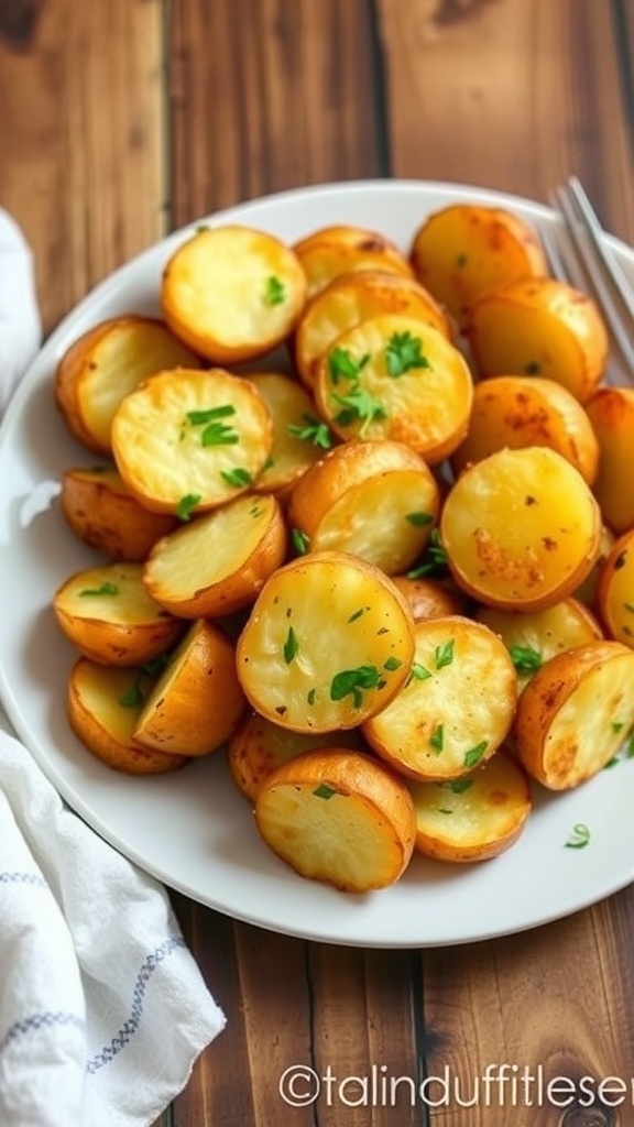 Crispy Air Fryer Baked Golden Potatoes Crispy golden potatoes on a plate, garnished with herbs, on a rustic wooden table.